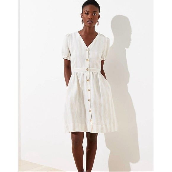 LOFT Dresses & Skirts - Loft Plus Tan White Coastal Striped Linen Blend ButtonFront Pocket Dress Size 18